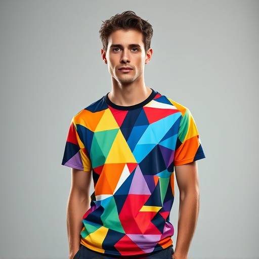 Modelo vestindo uma camiseta com estampa geométrica colorida