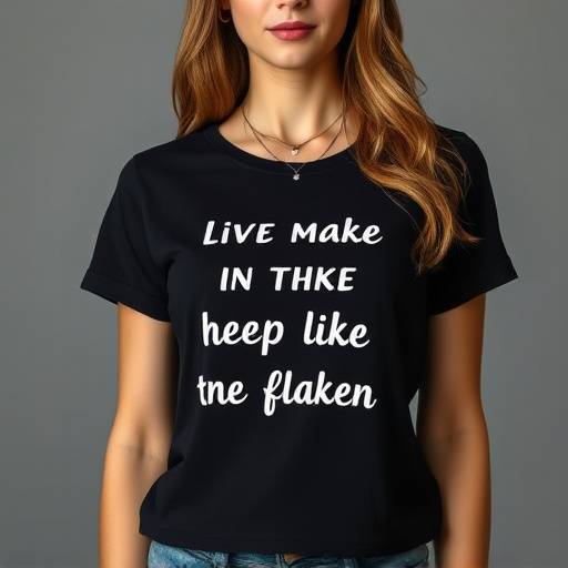 Modelo vestindo uma camiseta preta com uma frase inspiradora em letras brancas